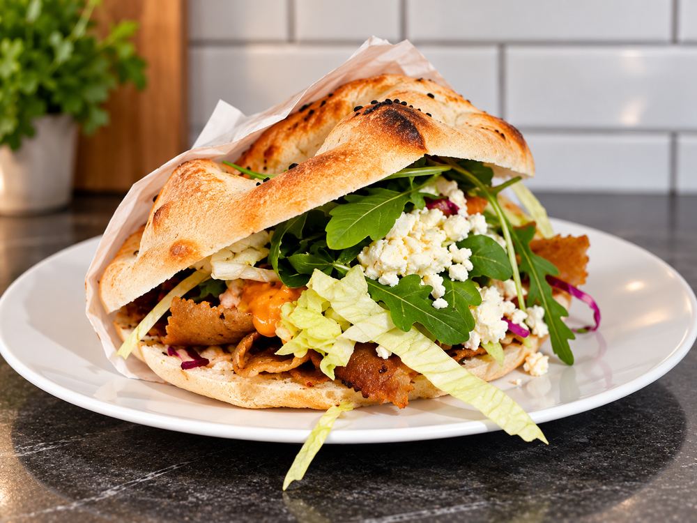 Döner Dürüm mit frischem Rucola, Feta und Weißkohl